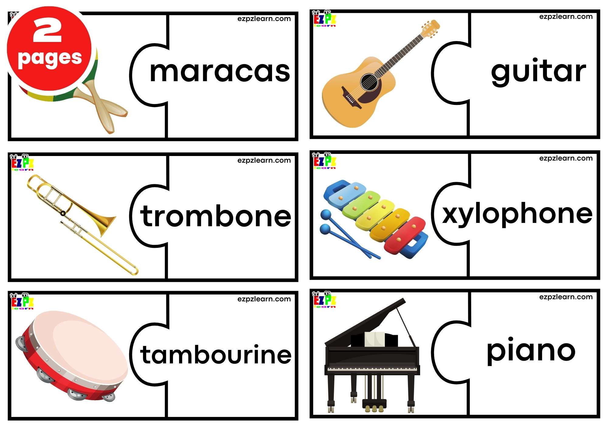 Musical Instruments Puzzle Match Game. Large Size 6 Words per page. Free PDF Download